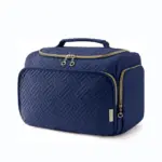 नेवी ब्लू क्विल्टेड ट्रैवल कॉस्मेटिक मेकअप बैग गोल्ड ज़िपर्स के साथ, शीर्ष संभाल, और कई डिब्बे; OEM और ODM अनुकूलन के लिए उपलब्ध है.