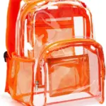 批發防水PVC透明背包具有橙色的口音, 網眼側口袋, 並顯示在白色背景.