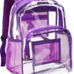 批發防水PVC透明背包，帶紫色飾邊, 網狀口袋, 和皮帶, 顯示在白色背景. OEM和ODM自定義選項可用.