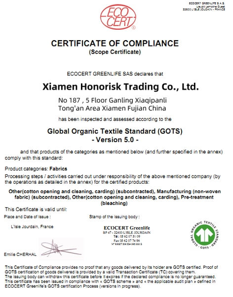 Home 25 Certificate confirming Xiamen Honorisk Trading Co., Ltd. is GOTS 5.0 compliant, issued by Ecocert Greenlife, supporting both OEM and ODM services.